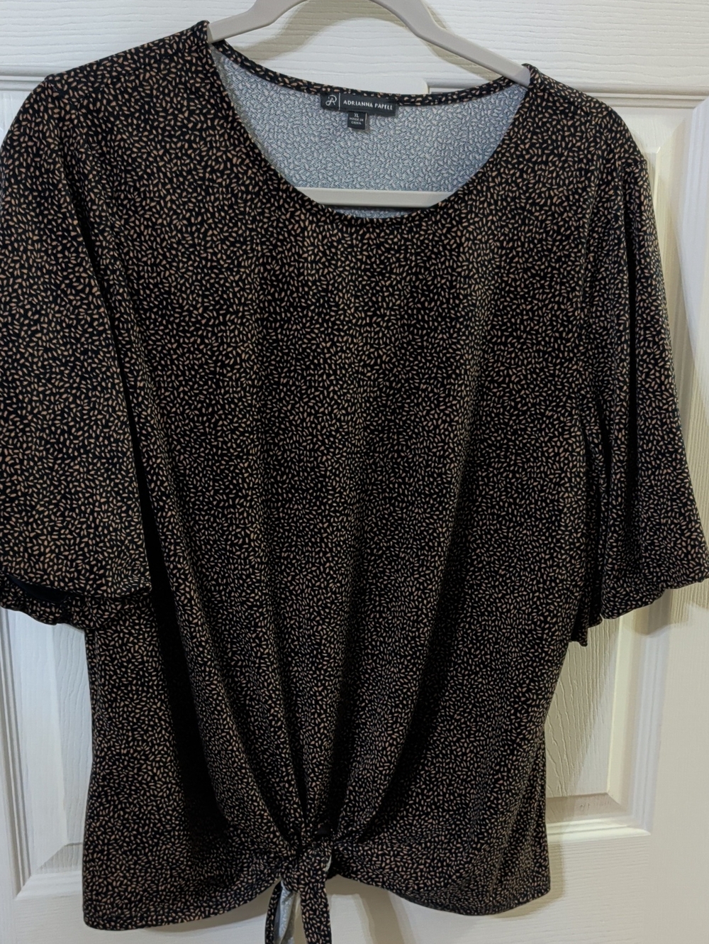 Adrienne Vittadini Deep Navy Top with Copper Speckle Print and Front Tie